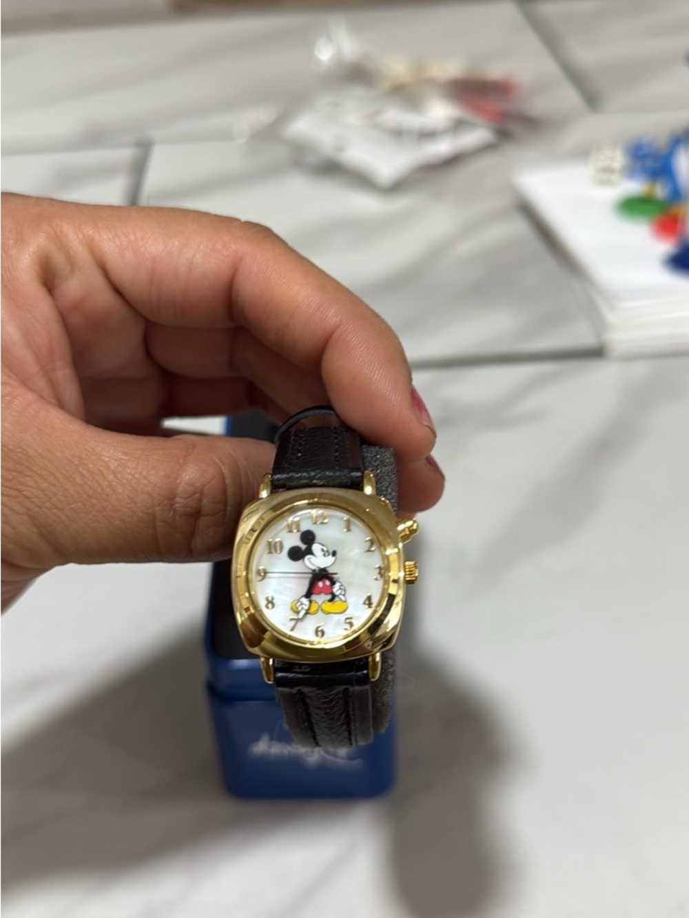 Seiko Gold-Tone Mickey Mouse Dial Watch with Brown Leather Strap